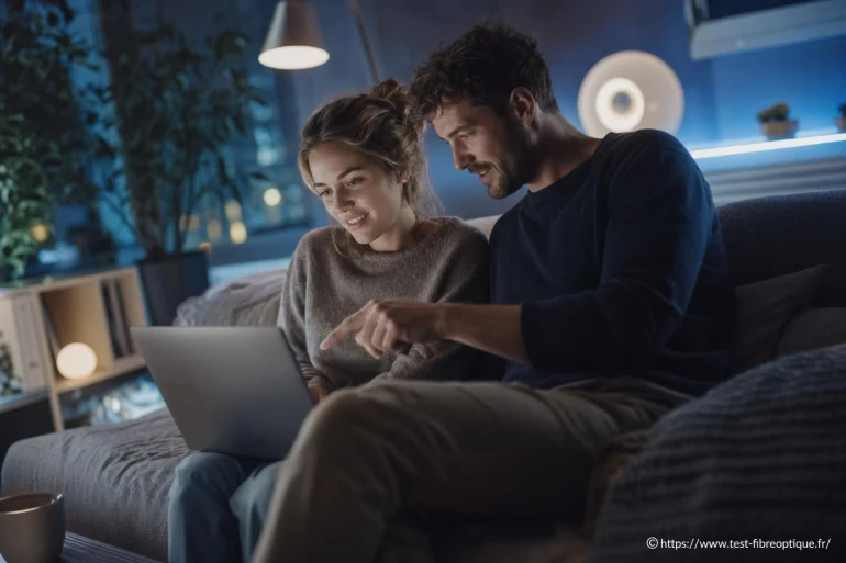 Couple utilisant un ordinateur portable ensemble