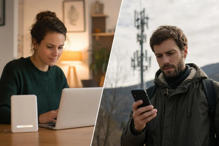Femme sur ordinateur homme avec smartphone extérieur