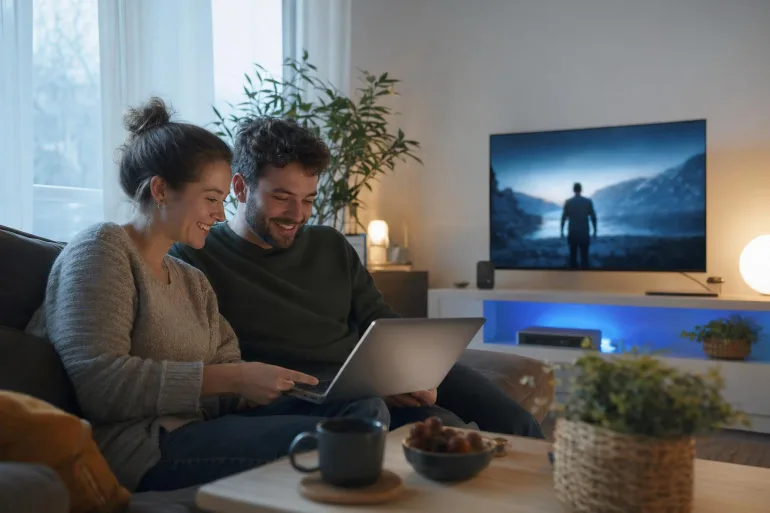 Couple souriant utilisant un ordinateur portable