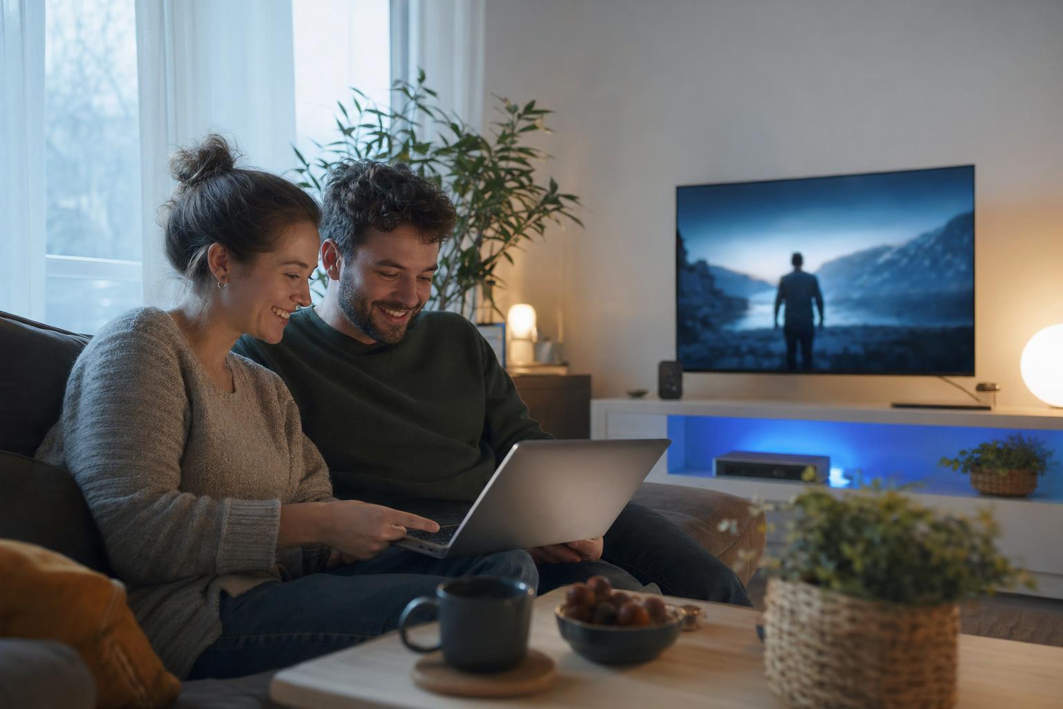couple souriant utilisant un ordinateur portable